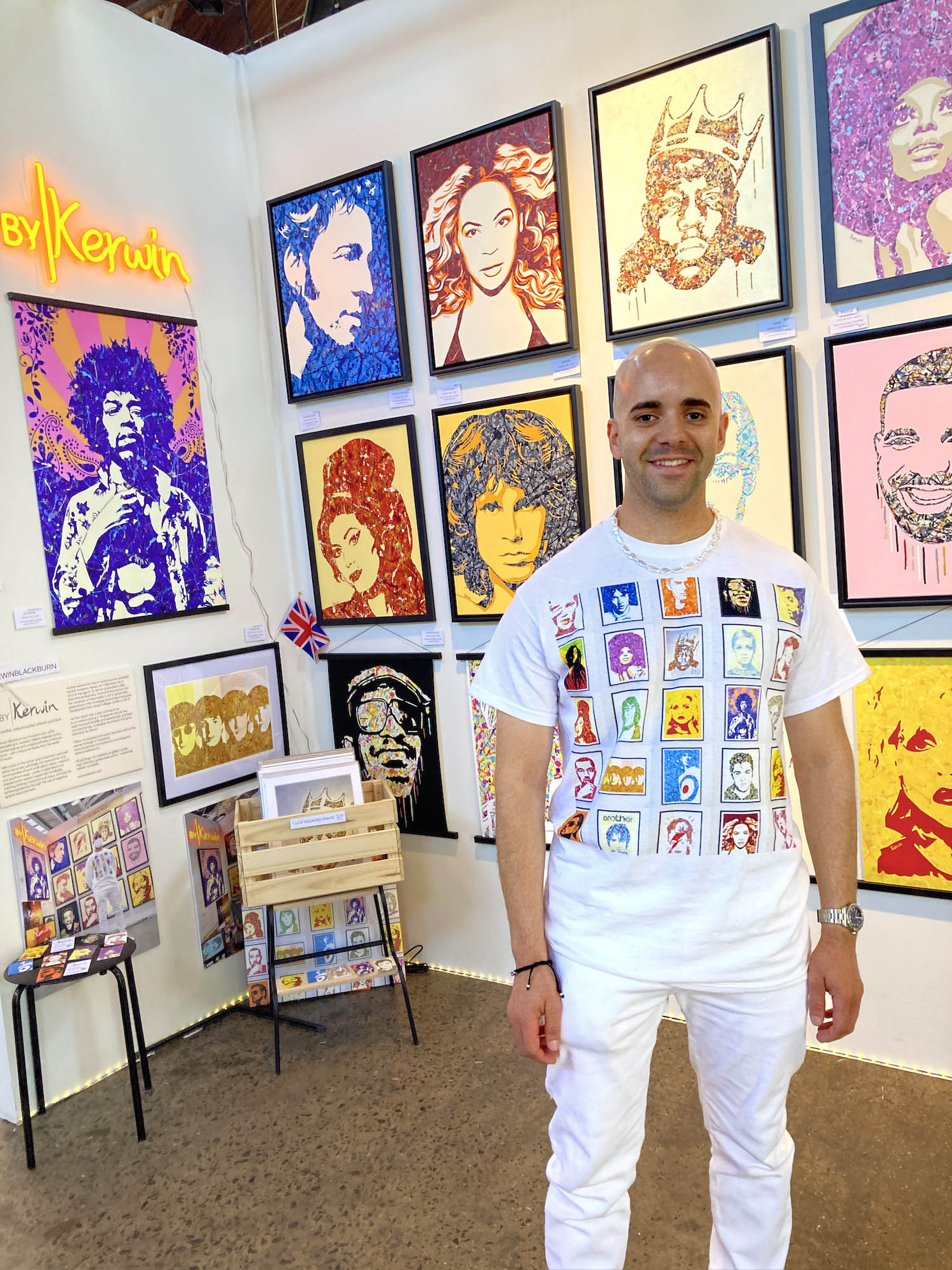 Kerwin Blackburn exhibiting his pop art paintings at The Other Art Fair, New York City in Brooklyn, June 2022 | Jackson Pollock-inspired music art prints