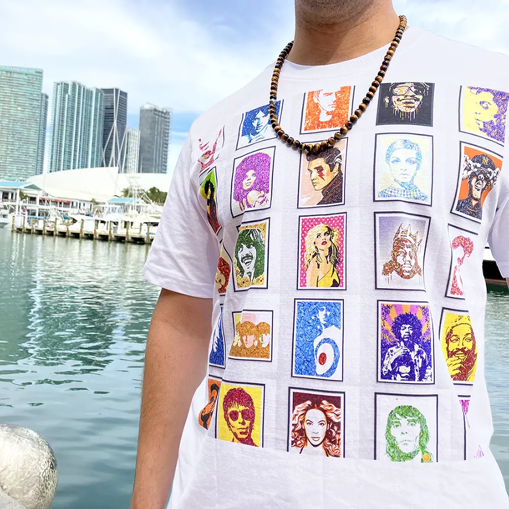 By Kerwin gallery pop art montage t-shirt in Miami, 2024 | Music paintings and prints