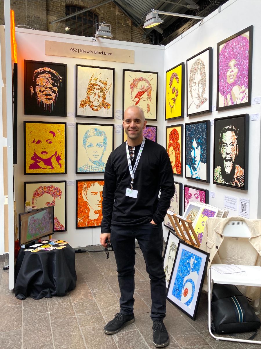 UK artist Kerwin Blackburn exhibiting his Jackson Pollock-style pop art paintings at The Other Art Fair, Kings Cross London, July 2021 | By Kerwin