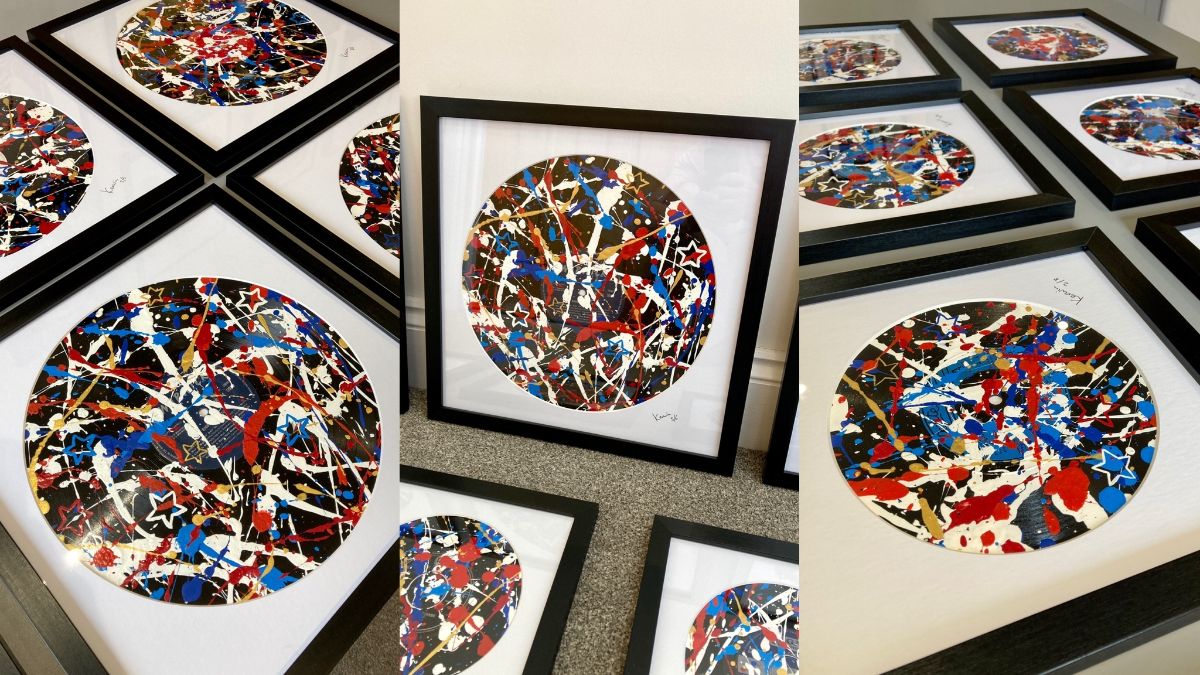 Painted Jackson Pollock-style By Kerwin vinyl records ready for The Other Art Fair New York