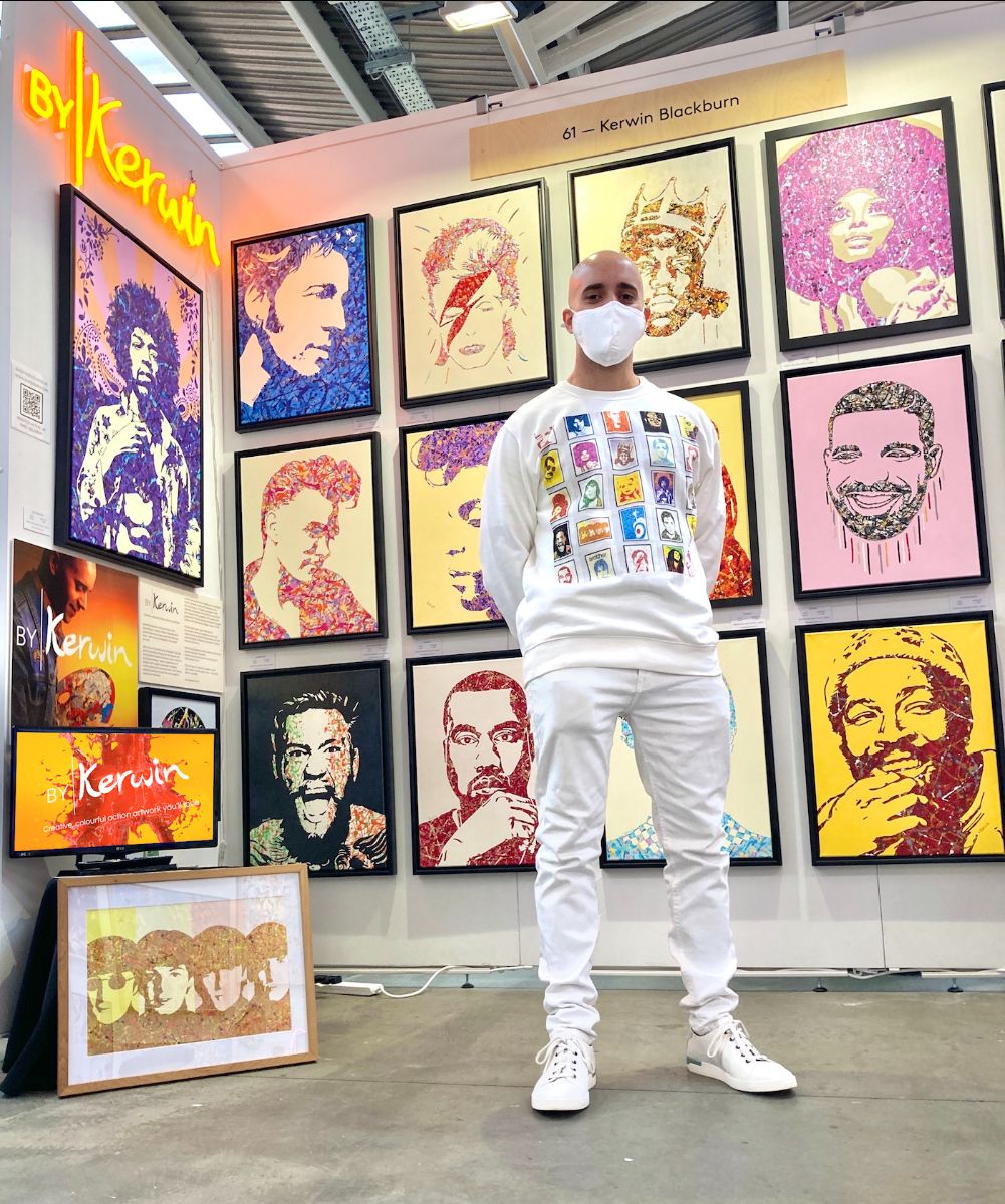 By Kerwin pop art Jackson Pollock style music icon paintings at The Other Art Fair, London in Shoreditch, October 2021 | Clothing & Merchandise