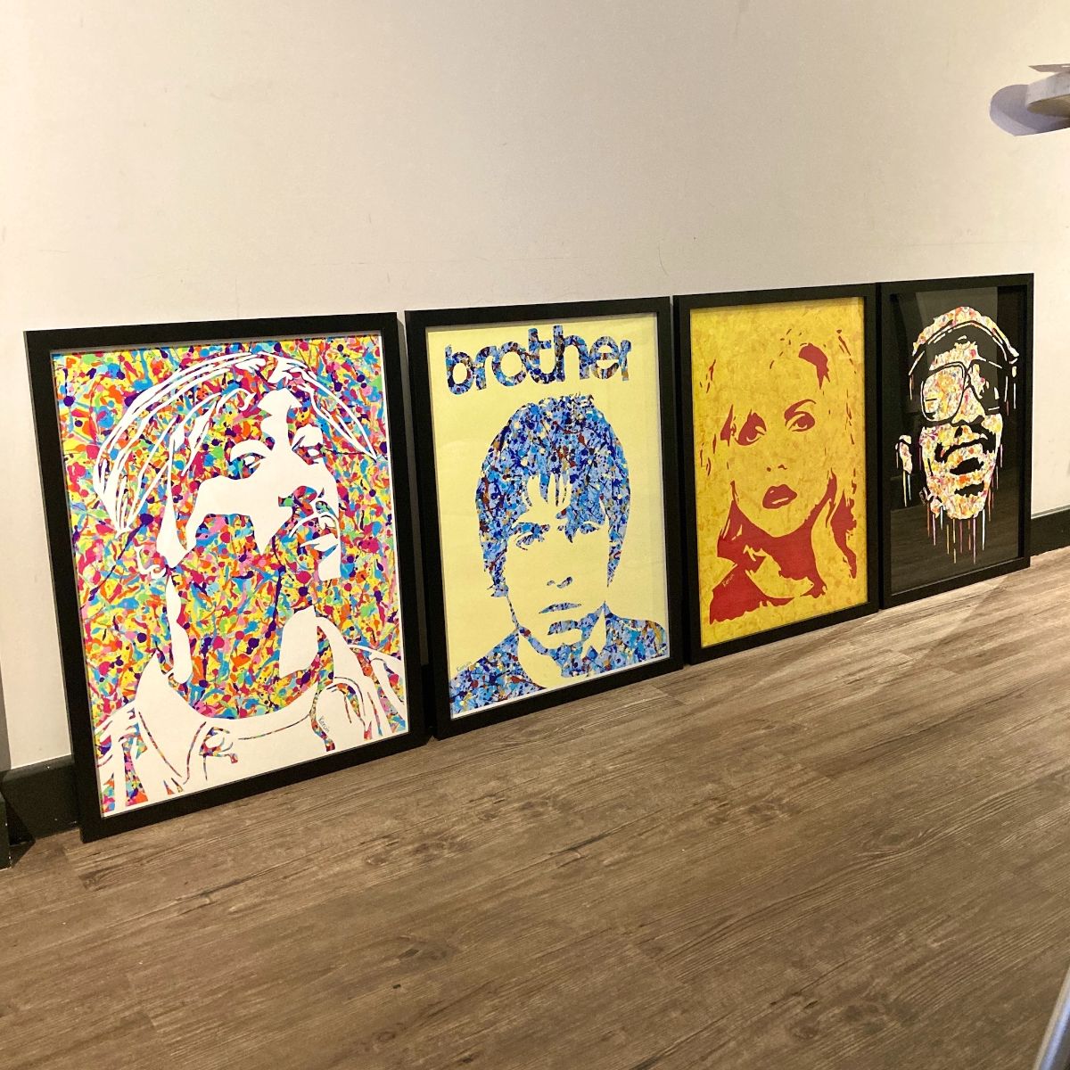By Kerwin Jackson Pollock-inspired pop art music painting prints | Tupac, Liam Gallagher, Blondie, Stevie Wonder