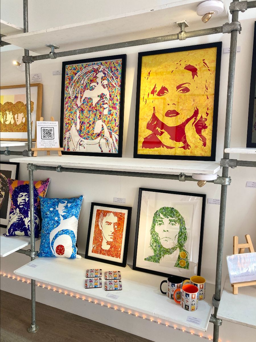 By Kerwin pop art paintings on display in his Boxpark Shoreditch pop-up exhibition | Tupac, Blondie and Ian Brown Paintings