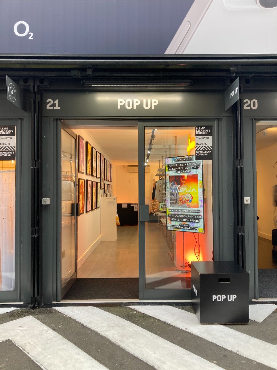 By Kerwin pop art paintings on display in his Boxpark Shoreditch pop-up exhibition