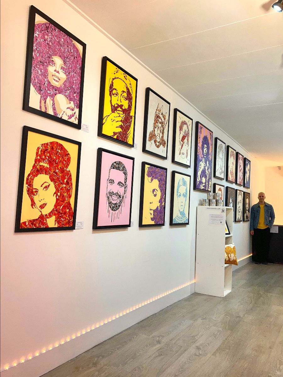 By Kerwin pop art paintings on display in his Boxpark Shoreditch pop-up exhibition | Amy Winehouse & Diana Ross paintings