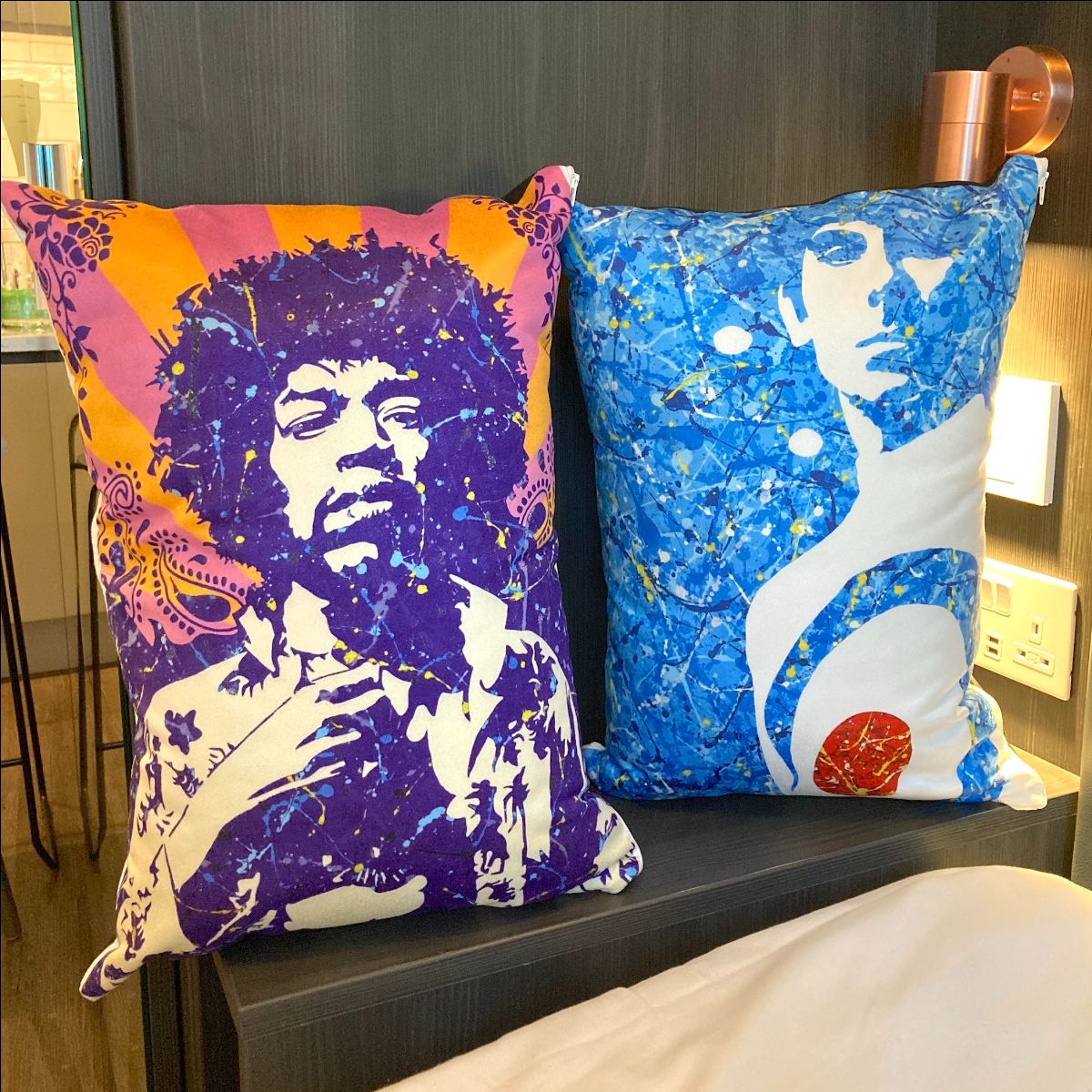 By Kerwin Jackson Pollock-inspired pop art music painting cushions | Jimi Hendrix & The Who Keith Moon merchandise