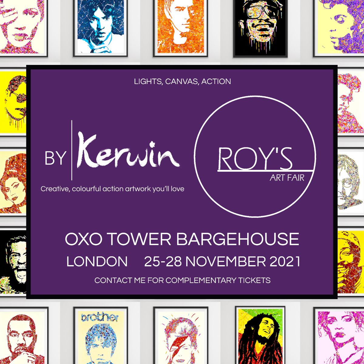 UK artist Kerwin Blackburn exhibits his Jackson Pollock-inspired pop art music paintings and prints at the Oxo Tower, London, November 2021 | Roy's Art Fair