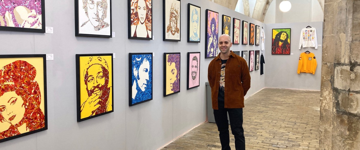 UK artist Kerwin Blackburn exhibiting his music themed, Jackson Pollock-inspired pop art paintings and prints in Norwich School's Crypt Gallery in 2022 | By kerwin