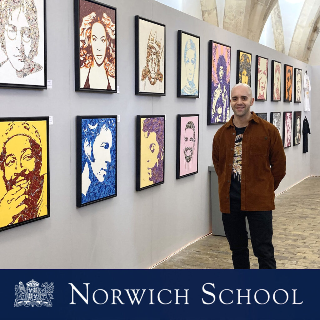 UK artist Kerwin Blackburn exhibiting his music themed, Jackson Pollock-inspired pop art paintings and prints in Norwich School's Crypt Gallery in 2022 | By Kerwin
