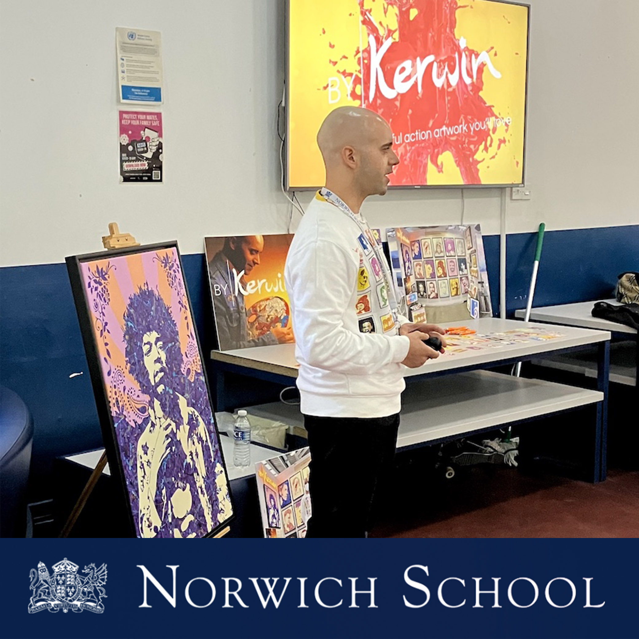 UK pop artist Kerwin Blackburn delivers a talk to sixth form business students at his former school, Norwich School | By Kerwin | Norfolk Chamber | Young Enterprise | Music art prints | Jackson Pollock