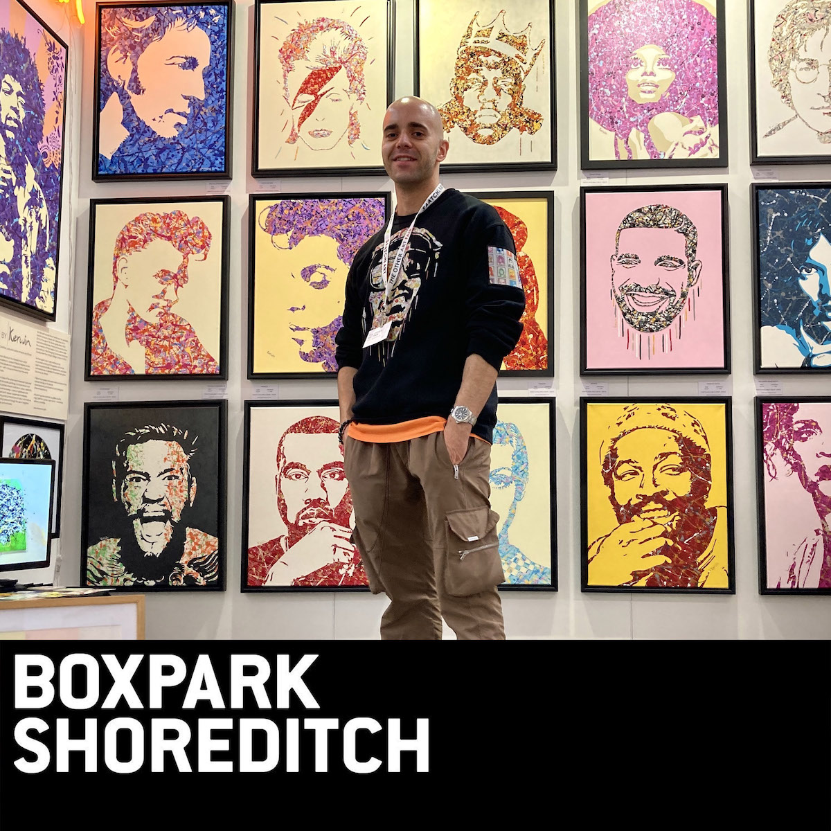 Kerwin Blackburn exhibiting his Jackson Pollock inspired pop art music paintings and prints at Boxpark Shoreditch London