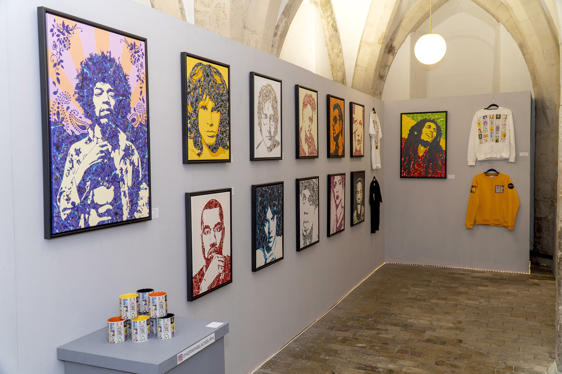 Kerwin Blackburn exhibiting his Jackson Pollock-inspired pop art music paintings at the Crypt Gallery at Norwich School in Norfolk, February-March 2022 | By Kerwin | Jimi Hendrix | Jim Morrison | Kanye West prints