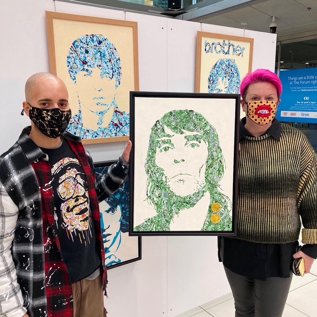 Kerwin Blackburn's Jackson Pollock-inspired pop art music paintings on display in his debut art exhibition at The Forum, Norwich December 2020 | By Kerwin prints | Ian Brown