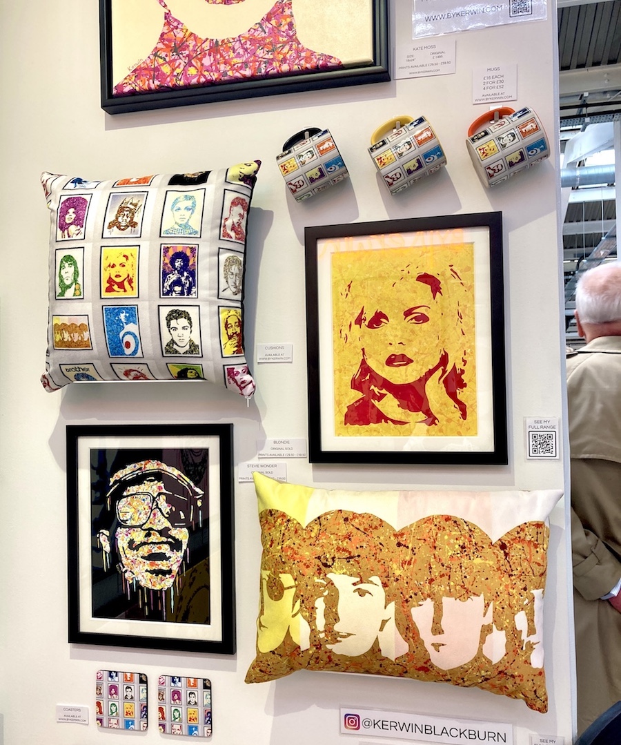 By Kerwin painting art merchandise and products on display at The Other Art Fair London, October 2021 | By Kerwin | Blondie | Stevie Wonder | The Beatles cushion
