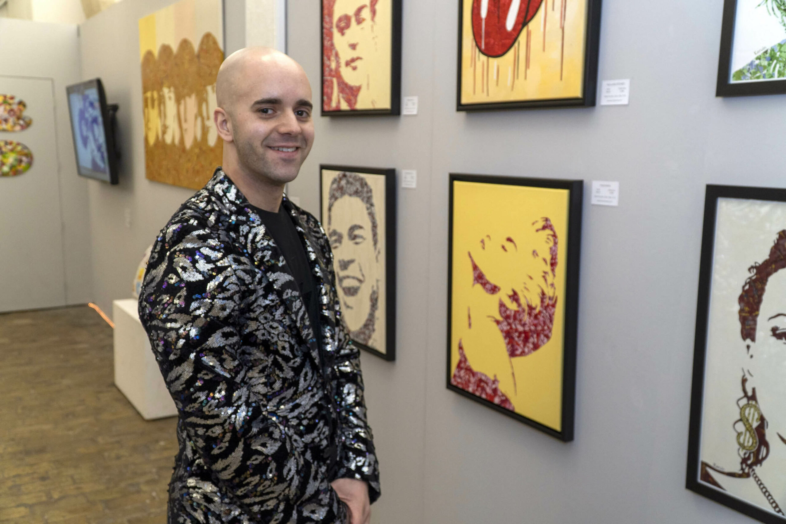 Kerwin Blackburn exhibiting his Jackson Pollock-inspired pop art music paintings at the Crypt Gallery at Norwich School in Norfolk, February-March 2022 | By Kerwin