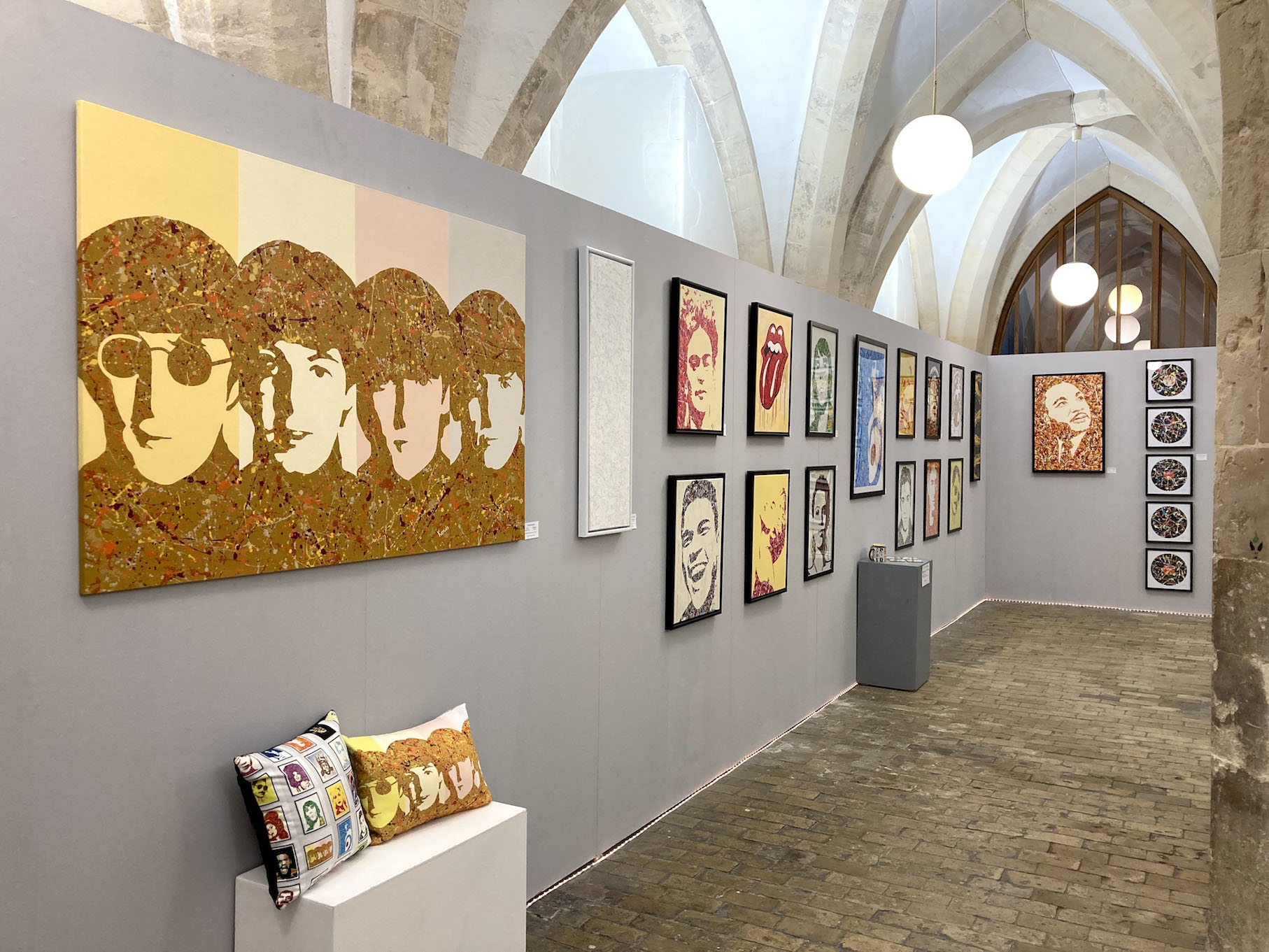Kerwin Blackburn exhibiting his Jackson Pollock-inspired pop art music paintings at the Crypt Gallery at Norwich School in Norfolk, February-March 2022 | By Kerwin | The Beatles prints
