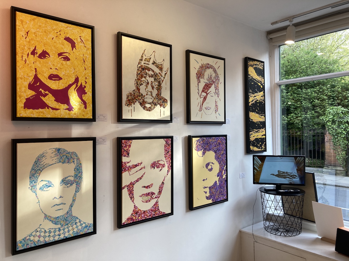 Kerwin Blackburn Jackson Pollock style pop art paintings on display in his art exhibition at Anteros Arts Foundation, Norwich | By Kerwin prints | Kate Moss | Twiggy | Notorious B.I.G.