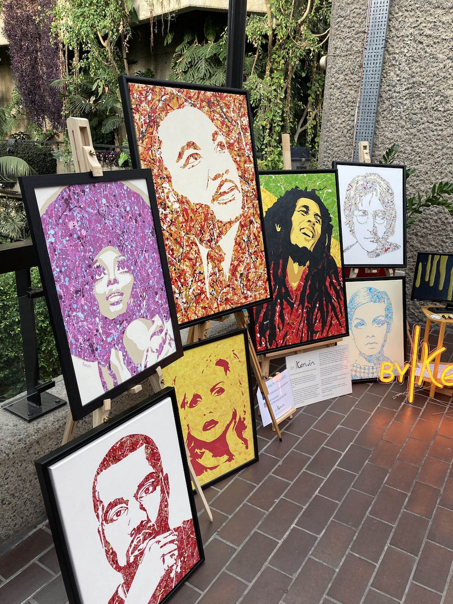 By Kerwin Jackson Pollock-style pop art music paintings on display at London's Barbican Centre Conservatory, July 2021 | Diana Ross Kanye West Blondie Bob Marley music prints
