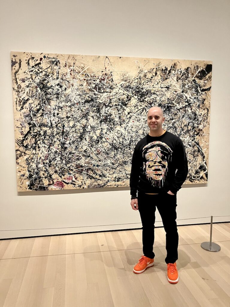 UK pop artist Kerwin Blackburn next to a Jackson Pollock action painting at MoMA | By Kerwin | Stevie Wonder art