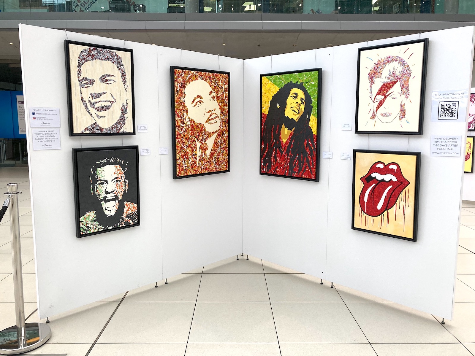 Kerwin Blackburn's Jackson Pollock-inspired pop art music paintings on display in his debut art exhibition at The Forum, Norwich December 2020 | By Kerwin prints | Martin Luther King | Bob Marley | David Bowie | Rolling Stones | Muhammad Ali | Conor McGregor