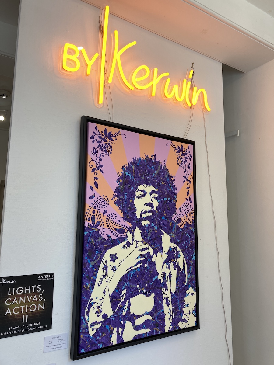 Kerwin Blackburn Jackson Pollock style pop art paintings on display in his art exhibition at Anteros Arts Foundation, Norwich | By Kerwin | Jimi Hendrix prints