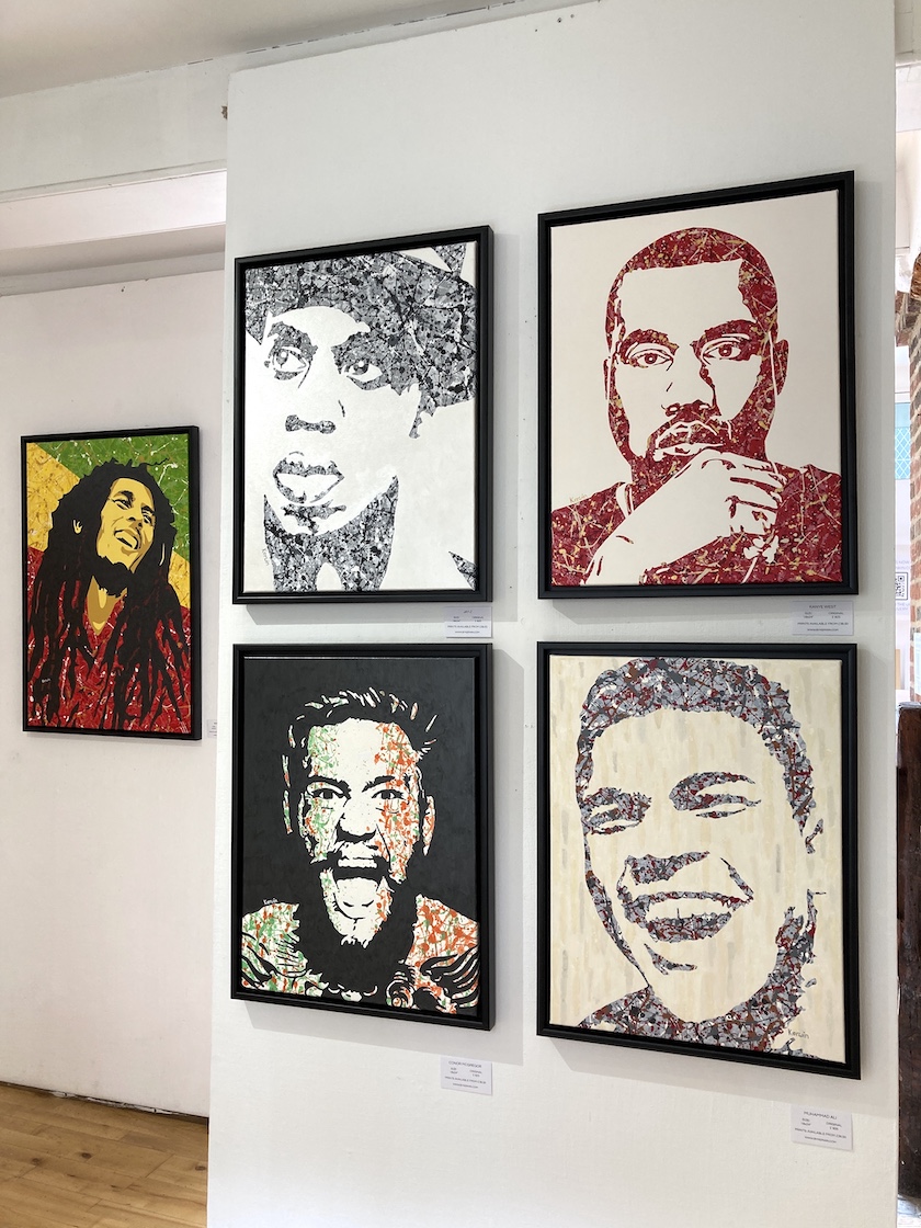 Kerwin Blackburn Jackson Pollock style pop art paintings on display in his art exhibition at Anteros Arts Foundation, Norwich | By Kerwin prints | Kanye West, Jay-Z, Conor McGregor, Muhammad Ali, Bob Marley