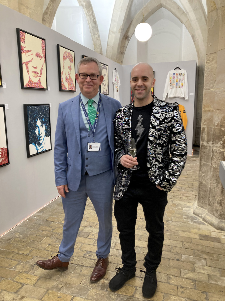 Kerwin Blackburn exhibiting his Jackson Pollock-inspired pop art music paintings at the Crypt Gallery at Norwich School in Norfolk, February-March 2022 | By Kerwin | pictured with Jonathan Pearson