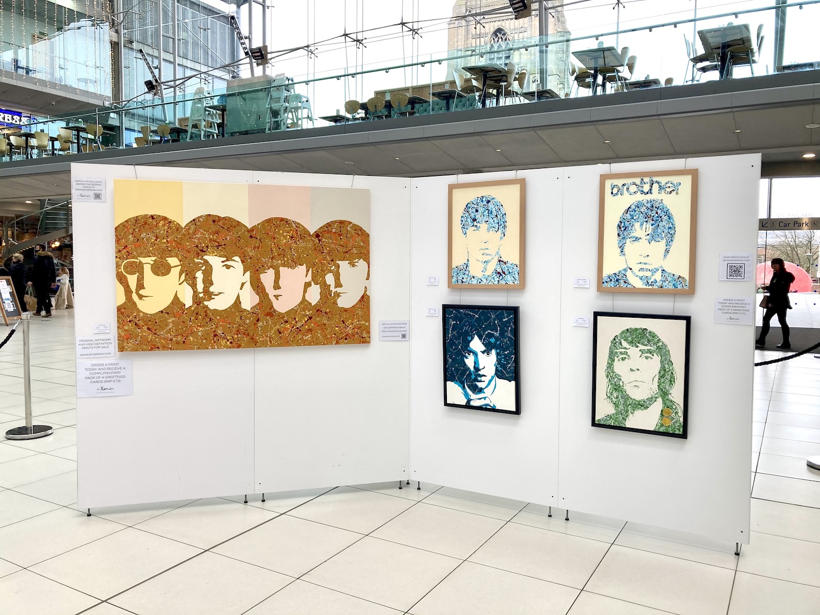 Kerwin Blackburn's Jackson Pollock-inspired pop art music paintings on display in his debut art exhibition at The Forum, Norwich December 2020 | By Kerwin prints | The Beatles | Oasis | Liam Gallagher | Ian Brown | Richard Ashcroft The Verve