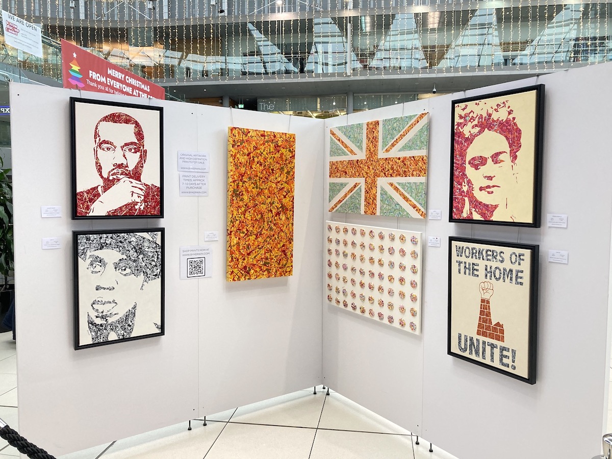 Kerwin Blackburn's Jackson Pollock-inspired pop art music paintings on display in his debut art exhibition at The Forum, Norwich December 2020 | By Kerwin prints | Jay-Z Kanye West