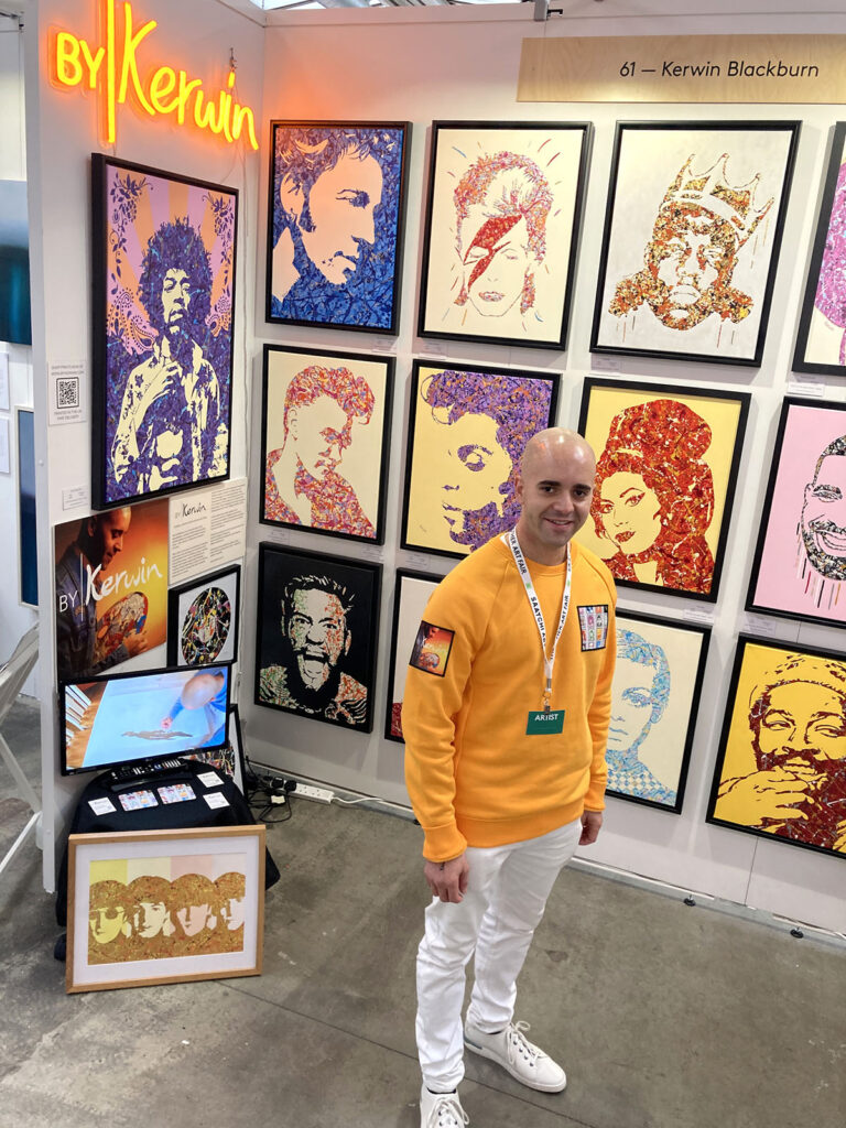 Kerwin Blackburn exhibiting his pop art, Jackson Pollock-inspired music paintings and prints at The Other Art Fair London, October 2021 | By Kerwin clothing