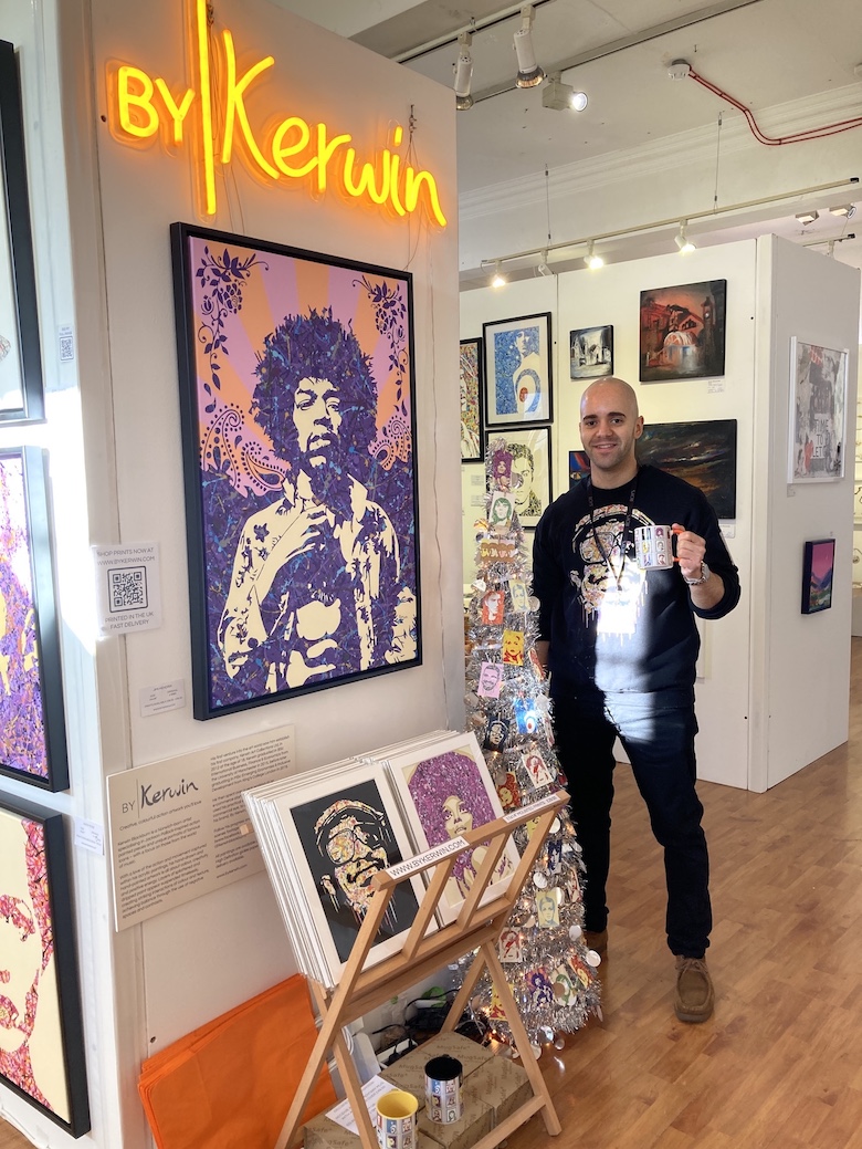 UK artist Kerwin Blackburn exhibits his Jackson Pollock-inspired pop art music paintings and prints at the Oxo Tower, London, November 2021 | Jimi Hendrix