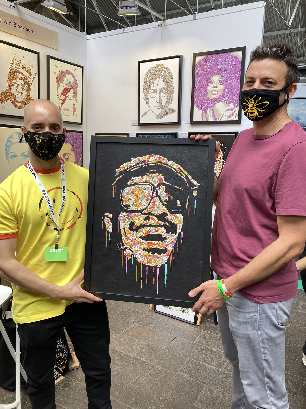 Kerwin Blackburn exhibiting his Jackson Pollock inspired pop art music paintings and prints at The Other Art Fair London, July 2021 | Stevie Wonder sold