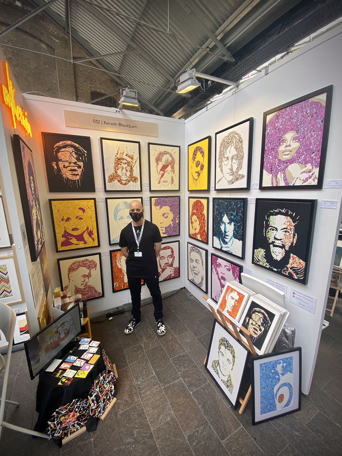 Kerwin Blackburn exhibiting his Jackson Pollock inspired pop art music paintings and prints at The Other Art Fair London, July 2021