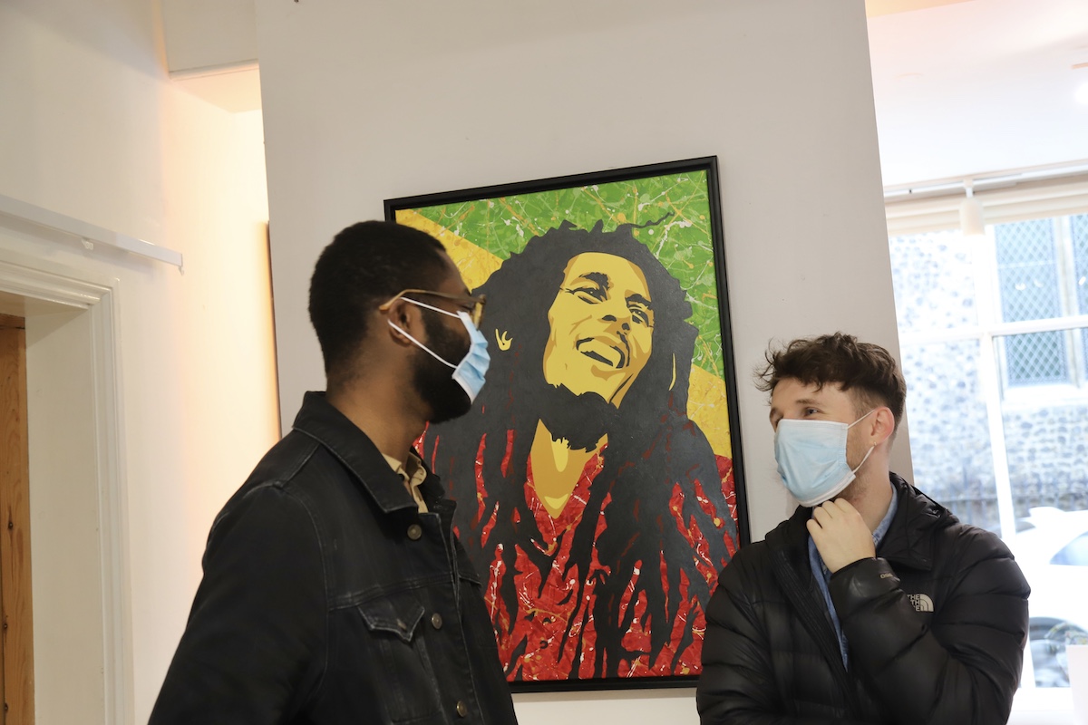 Kerwin Blackburn Jackson Pollock style pop art paintings on display in his art exhibition at Anteros Arts Foundation, Norwich | By Kerwin Bob Marley prints