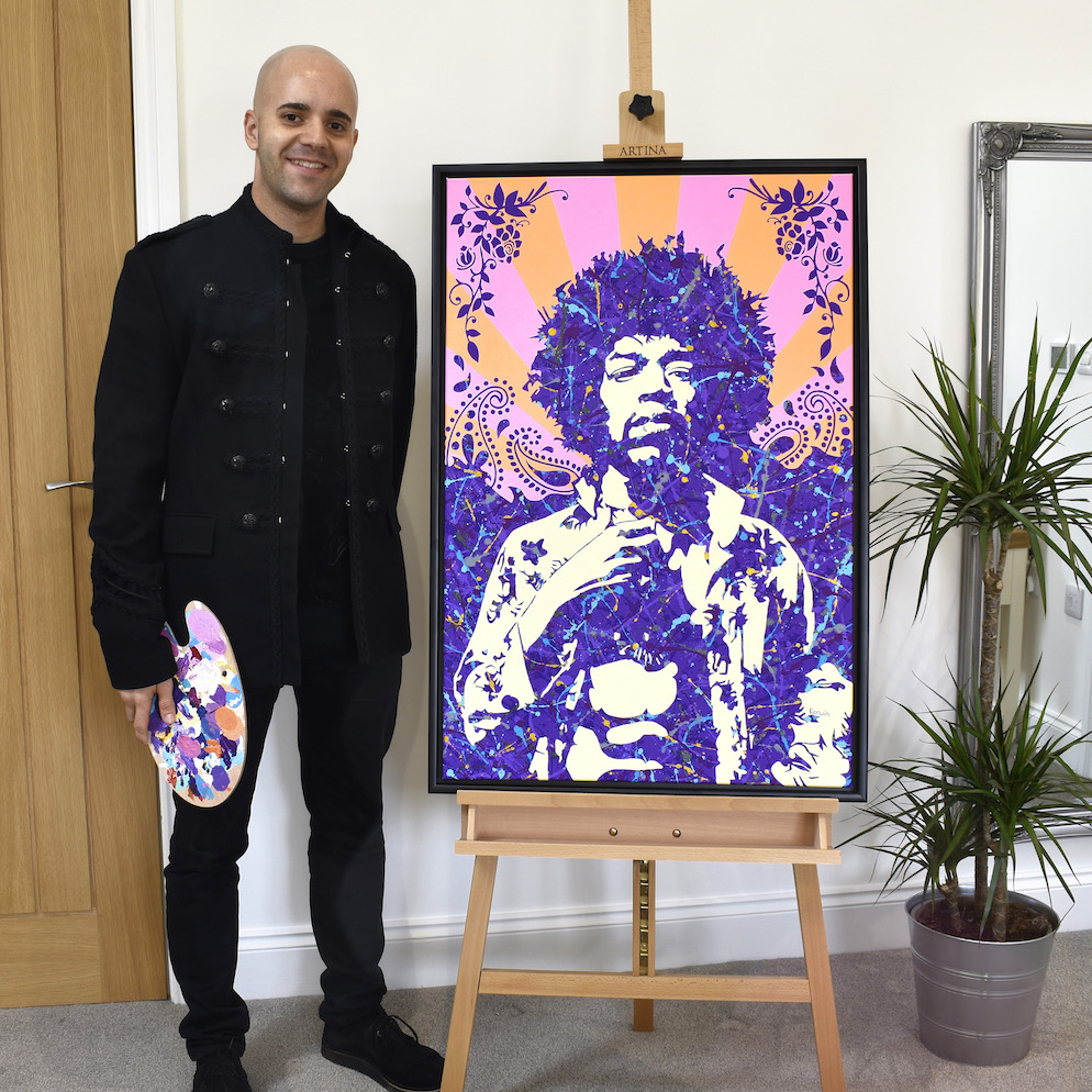 Kerwin Blackburn with his Jimi Hendrix pop art portrait painting - inspired by the Axis: Bold as Love album cover and painted in a Jackson Pollock action painting style | By Kerwin