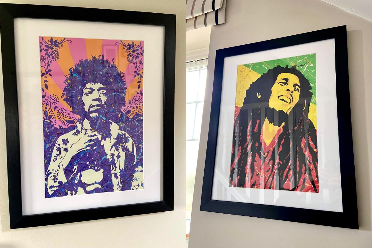 Jimi Hendrix & Bob Marley pop art music acrylic action painting & prints in a Jackson Pollock style | By Kerwin Blackburn | Music art posters