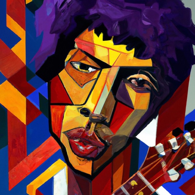 Jimi Hendrix portrait created in a Picasso Cubism style by artificial intelligence | By Kerwin Blog